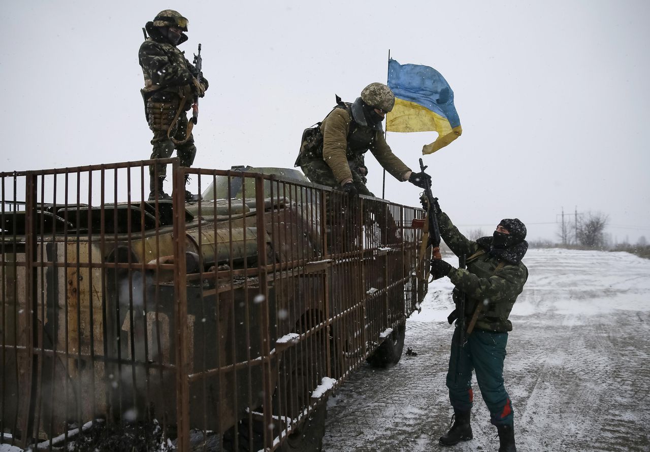 Oekraïense soldaten bij de stad Debaltseve, Oost-Oekraïne.