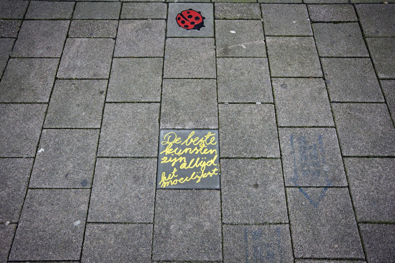 Op een stoeptegel voor het Rotterdamse Stadhuis is een lieveheersbeestje afgebeeld. Het symbool tegen zinloosgeweld. foto VINCENT MENTZEL/NRCH==F/C== Rotterdam, 20 november 2008