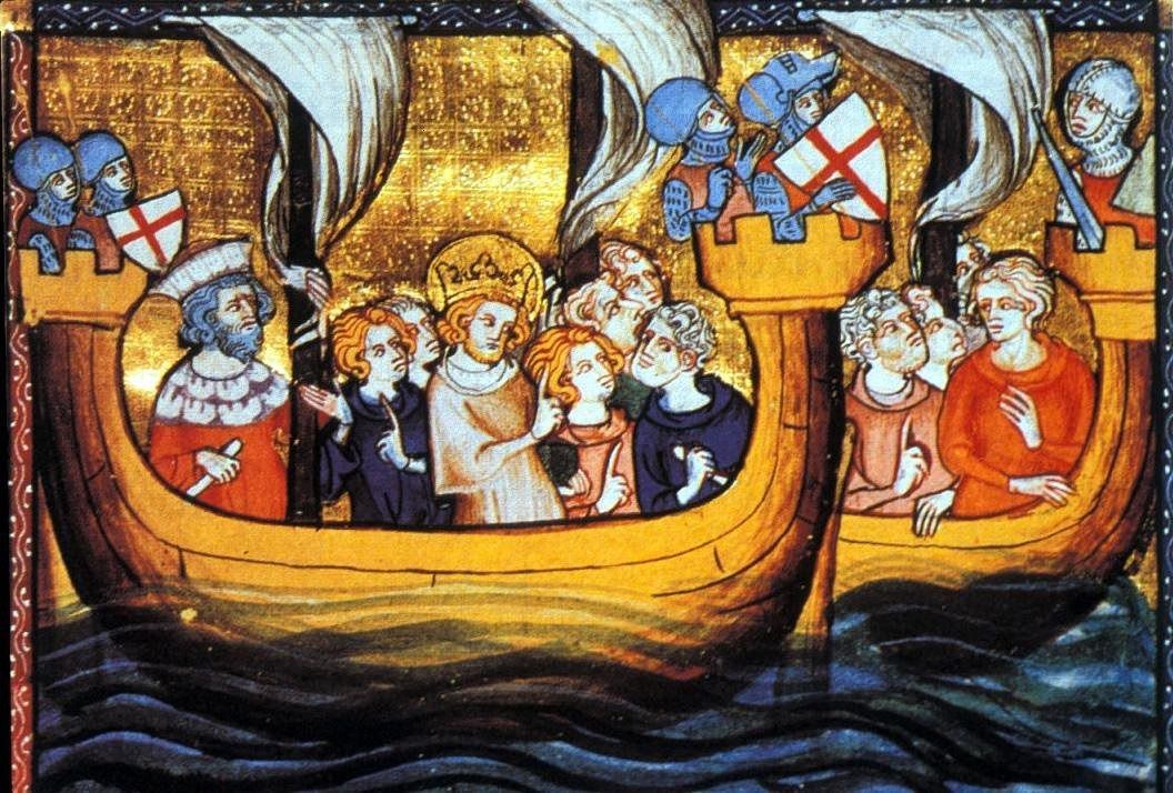 De Franse koning Lodewijk IX vertrekt met een schip vol kruisvaarders vanuit Aigues-Mortes voor de Zevende Kruistocht in 1248.