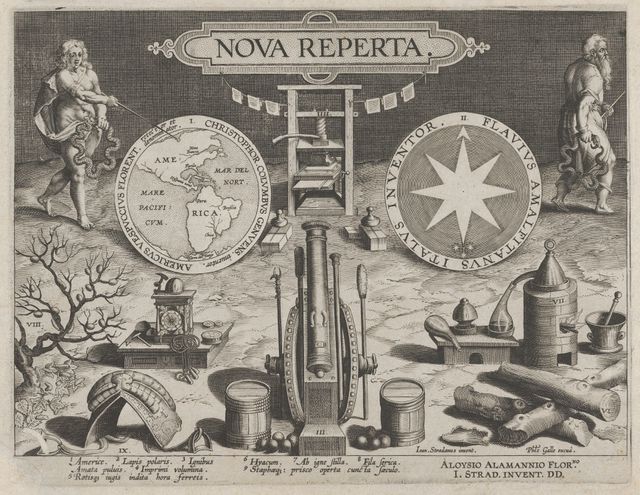 Prent van Jan Collaert naar Jan van der Straet (Stradanus) uit ca 1590 met nieuwe uitvindingen, als het zadel, de klok, het kanon en distilleurgereedschap.
