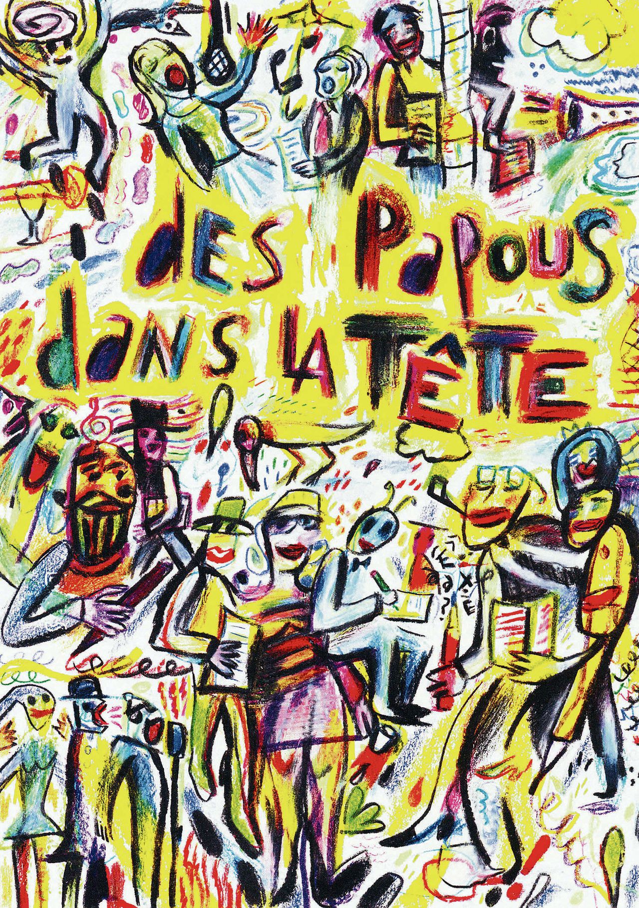 Affiche voor ‘Des papous dans la tête’: literair variété op radiozender France Culture. Illustratie van Ricardo Monser uit het jubileumboek ‘50 ans de France Culture’.