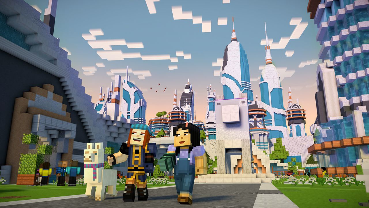 Vrouwelijke Jesse loopt door de stad in de serie Minecraft Story Mode