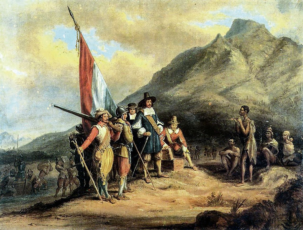 De aankomst van Jan van Riebeeck op de Kaap in 1652, geschilderd door Charles Davidson Bell (1813-1882).