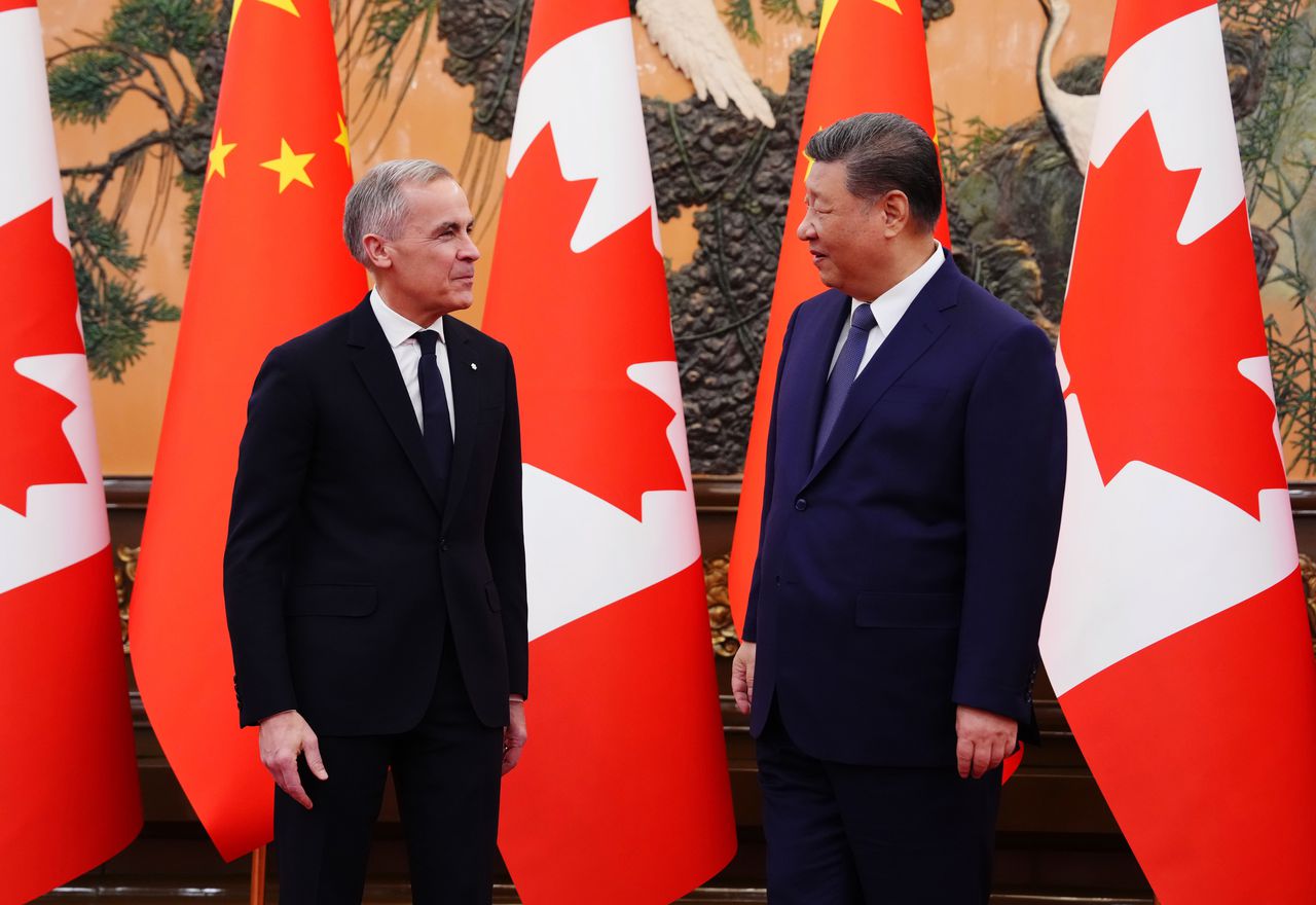 De Canadese premier Mark Carney en Xi Jinping op 16 januari.