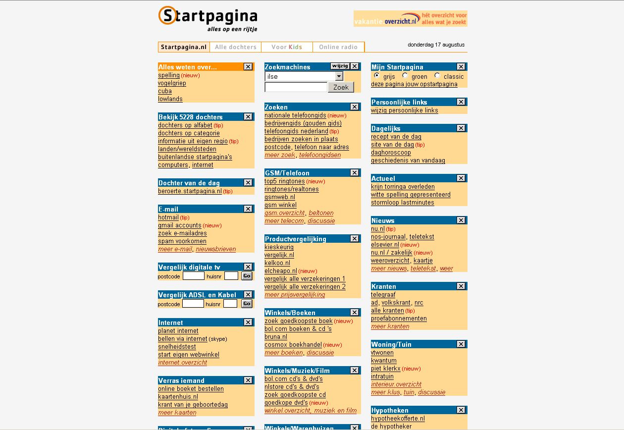 Startpagina.nl Startpagina is er voor wie niet weet waar te beginnen op internet Startpagina.nl werd in 1998 opgericht door Durk Jan de Bruin. Hij had een website voor ogen waar beginnende internetters per categorie de aardigste sites kregen voorgeschoteld. De deelpagina’s werden bijgehouden door vrijwilligers. De site was een groot succes; in 2000 en 2001 was het de bestbezochte Nederlandse website. De Bruin verkocht Startpagina in 2000 voor 30 miljoen gulden (13,5 miljoen euro) aan Ilse Media. Nu mensen met behulp van Google zelf de weg vinden op het web, is de populariteit van Startpagina tanende. Soortgenoten: startkabel.nl