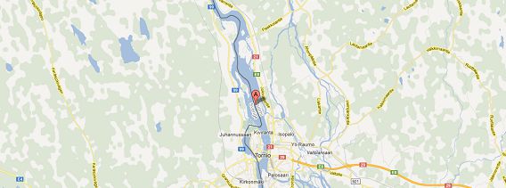 Printscreen via Google Maps van de Torne rivier die op de grens loopt tussen Zweden en Finland. 