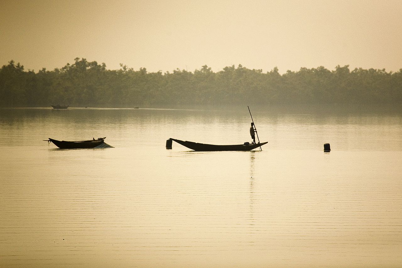 De Sundarbans bij zonsopkomst, het uitgestrekste mangrovewoud dat de aarde rijk is.Sundar ban betekent ‘mooi bos’.