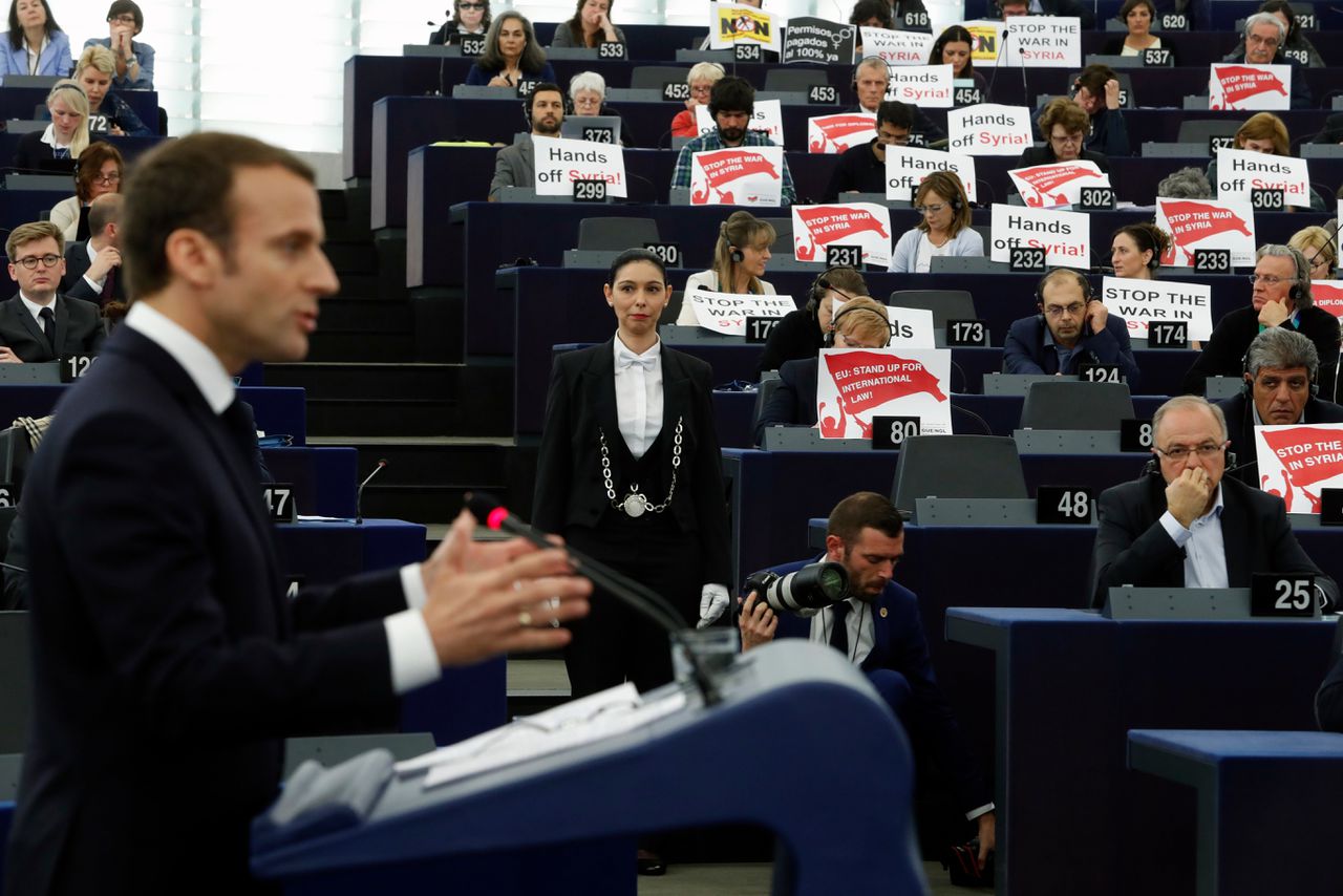 De Franse president Emmanuel Macron tijdens zijn speech in het Europees Parlement.