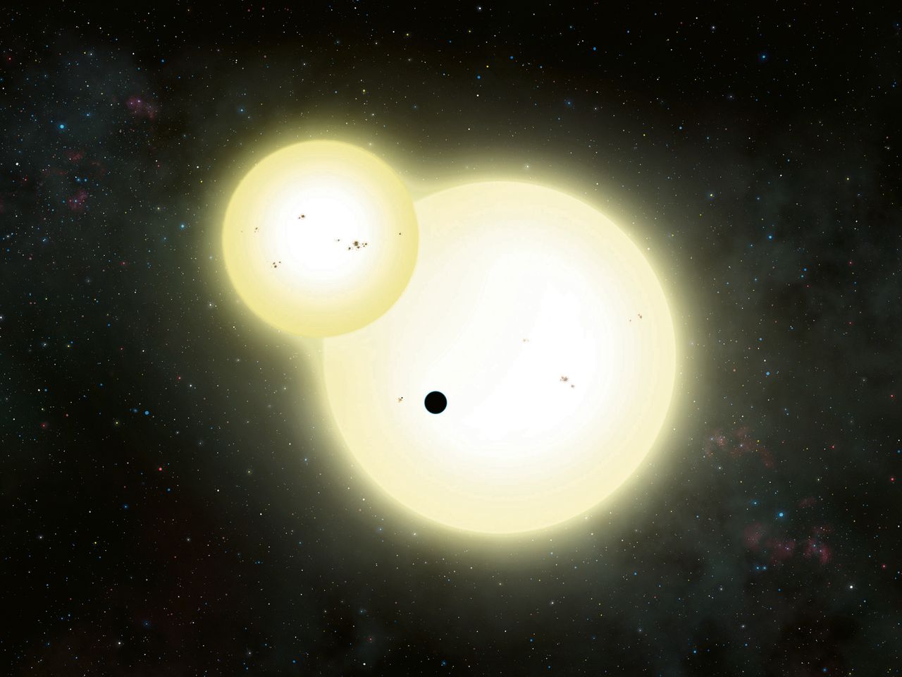 Tekening van de nieuw ontdekte dubbelsterplaneet Kepler-1647b voor zijn beide zonachtige moedersterren.