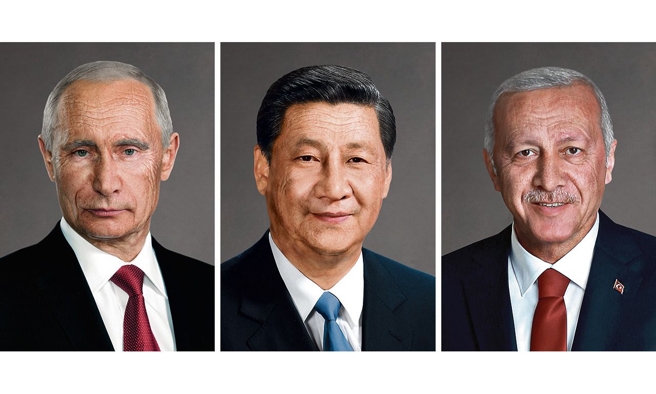 Bewerkte foto’s van hoe presidenten Poetin, Xi en Erdogan er op veel oudere leeftijd zouden kunnen uitzien. Beeldbewerking door NRC: in Photoshop is de huid oud gemaakt en zijn haarkleur en haarlijnen aangepast.