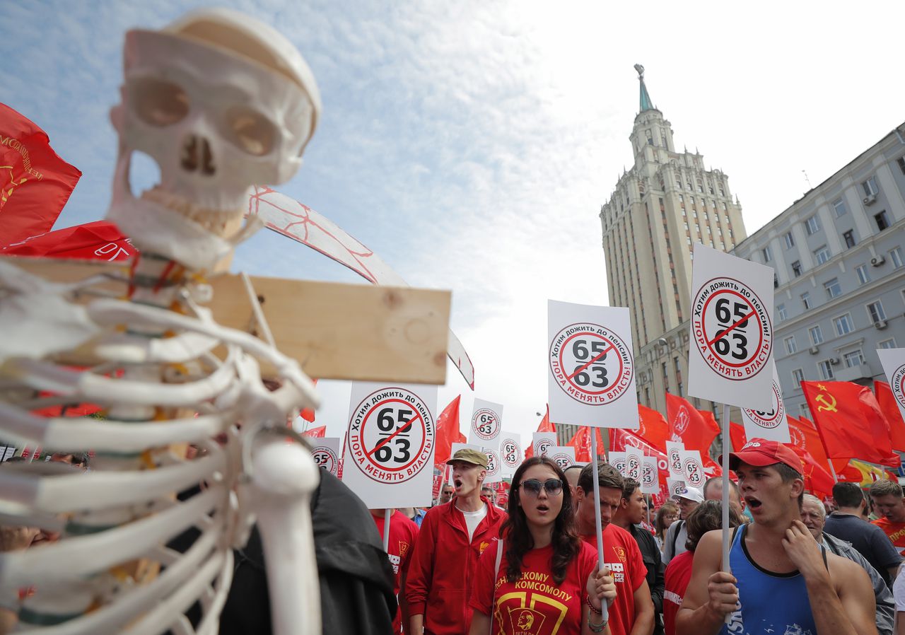 Russen protesteerden eind juli tegen de verhoging van de pensioenleeftijd.
