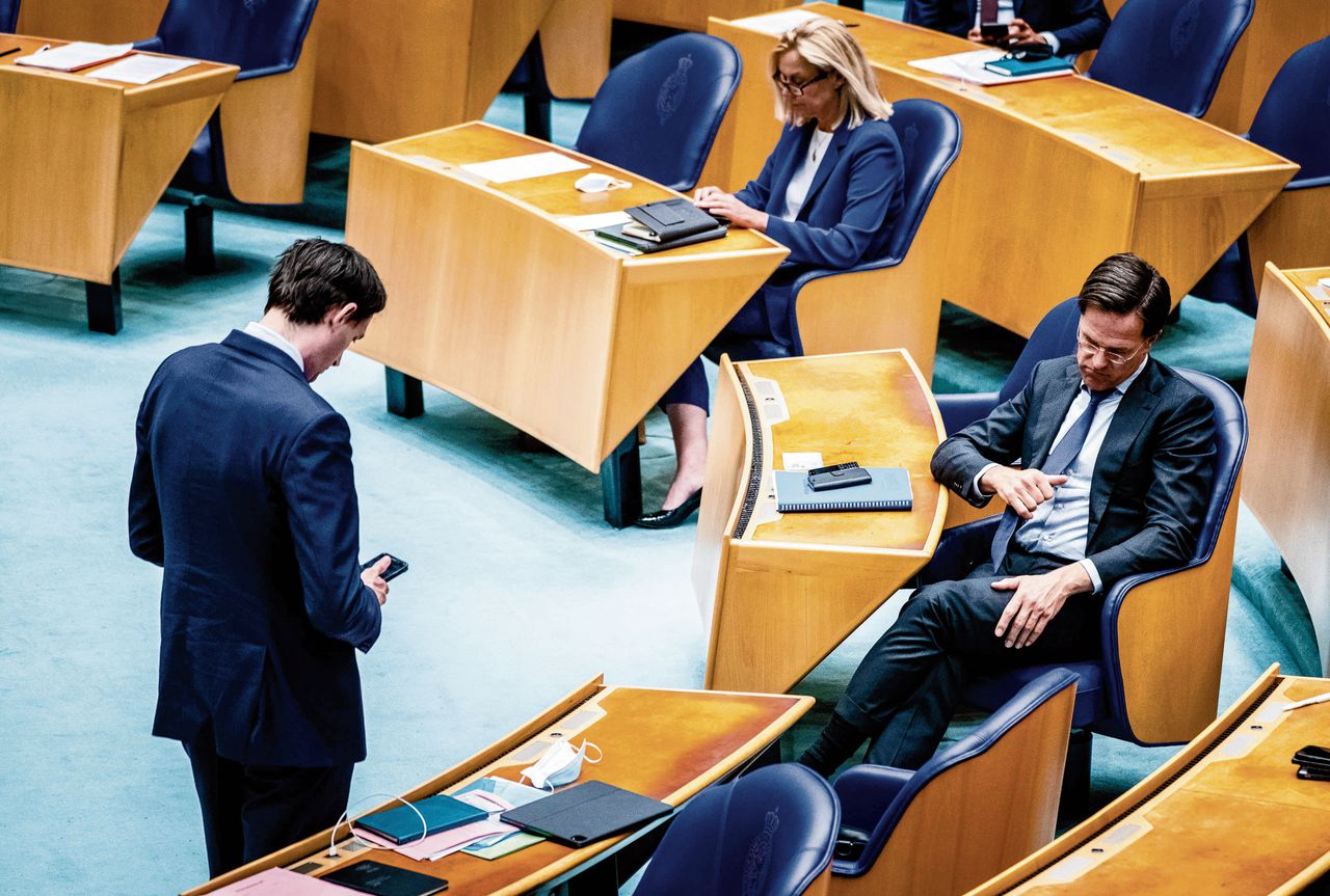 Partijleiders Wopke Hoekstra (CDA), Sigrid Kaag (D66) en Mark Rutte (VVD) in de Tweede Kamer.