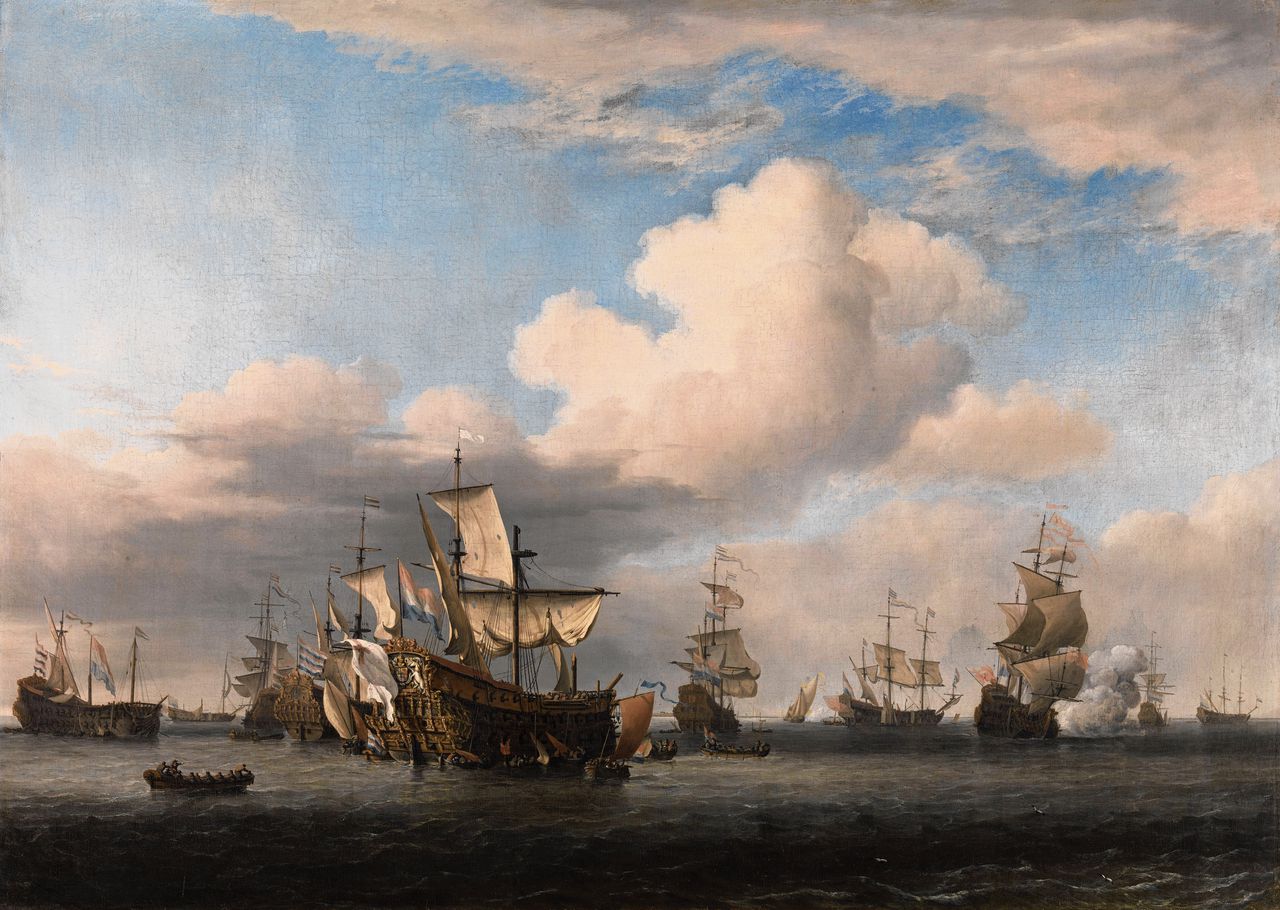 Een episode uit de Tweede Engelse Zeeoorlog: na de Vierdaagse Zeeslag in 1666 worden veroverde Engelse oorlogsschepen het Goereese Gat binnengebracht. Schilderij van Willem van de Velde.