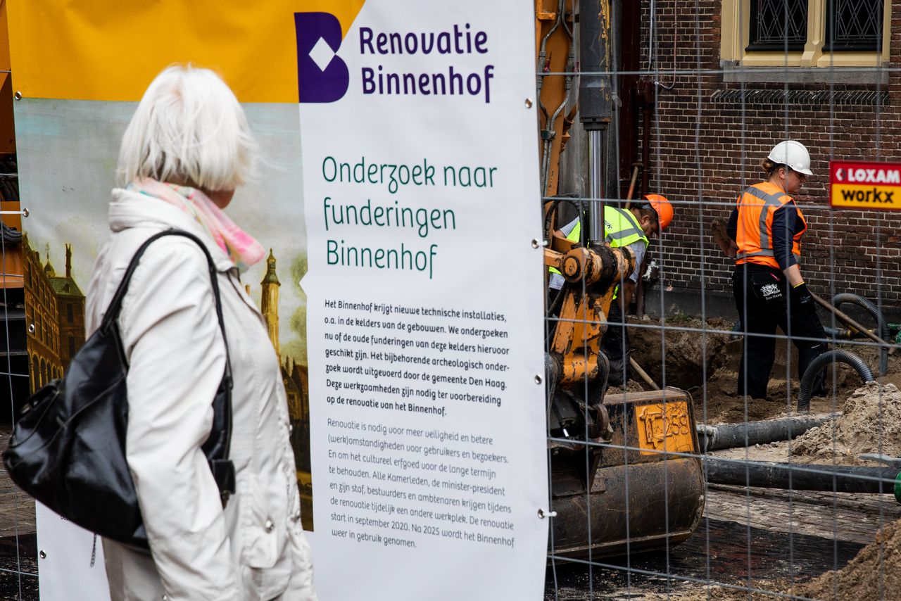 Ter voorbereiding op de geplande renovatie van het Binnenhof wordt de fundering onderzocht.