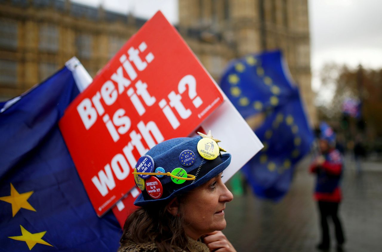 Een demonstrant tegen Brexit bij de Britse parlementsgebouwen.