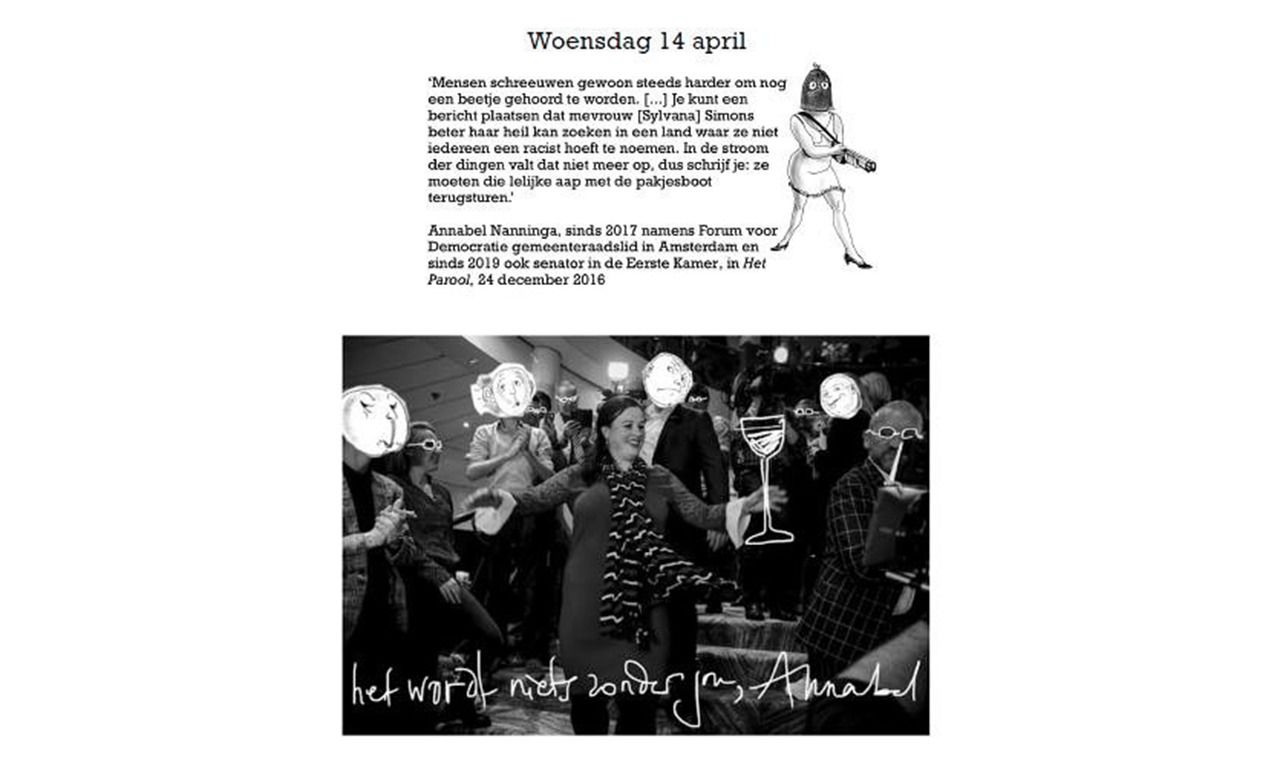 Woensdag 14 april uit de ‘Gutmensch Scheurkalender’ met standpunten, puzzels, cartoons, tekeningen, gedichten en gedachten.