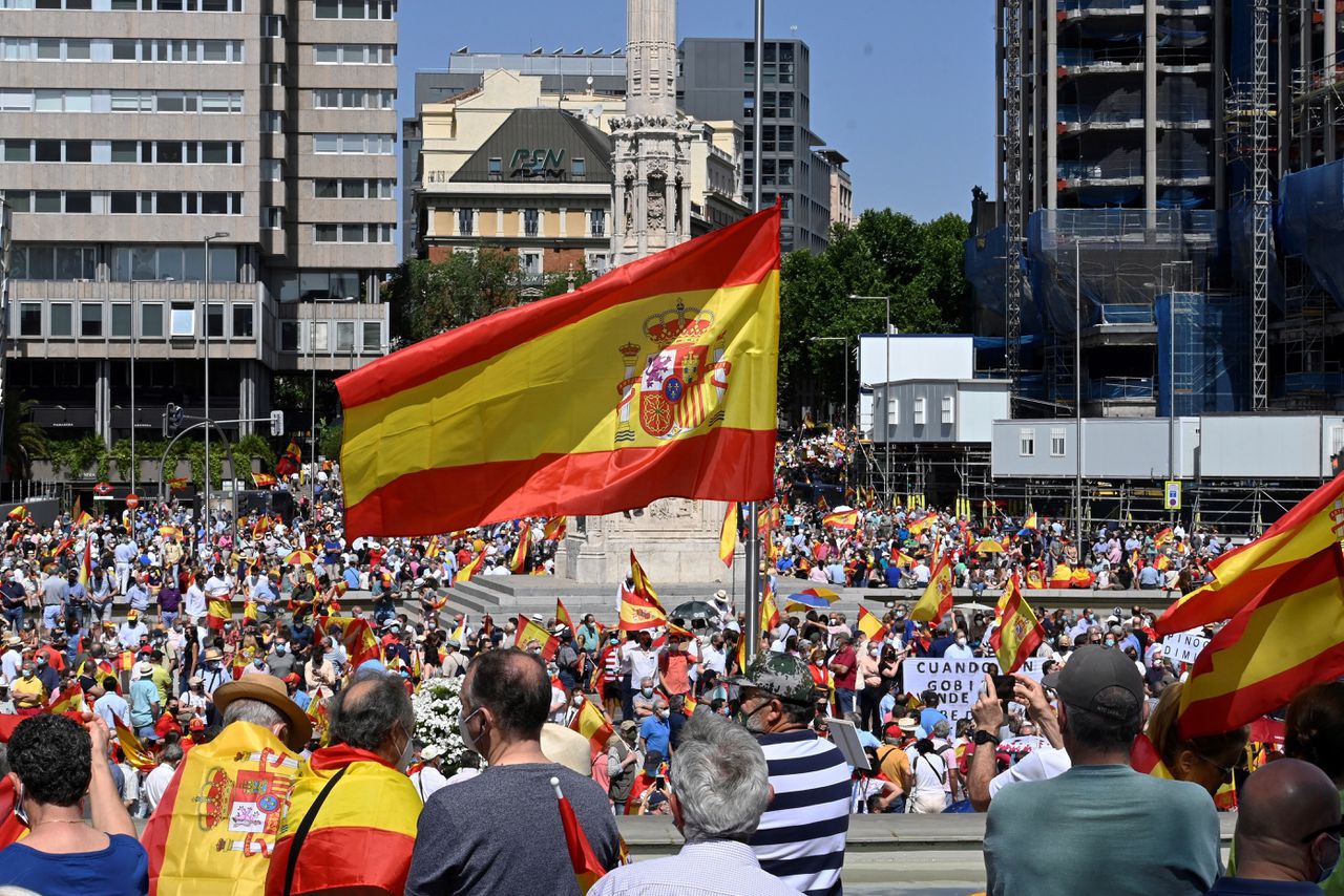 Het anti-separatistische protest, deze zondag op het Columbusplein van Madrid.