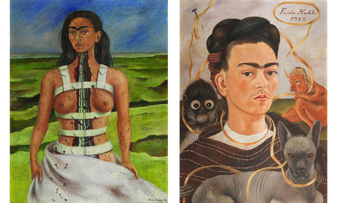 Links: De gebroken zuil (1944), olieverf op doek. Museum Dolores Olmedo, Mexico City. Rechts: Zelfportret met aapje (1945), olieverf op doek op masoniet. Museum Dolores Olmedo, Mexico City.