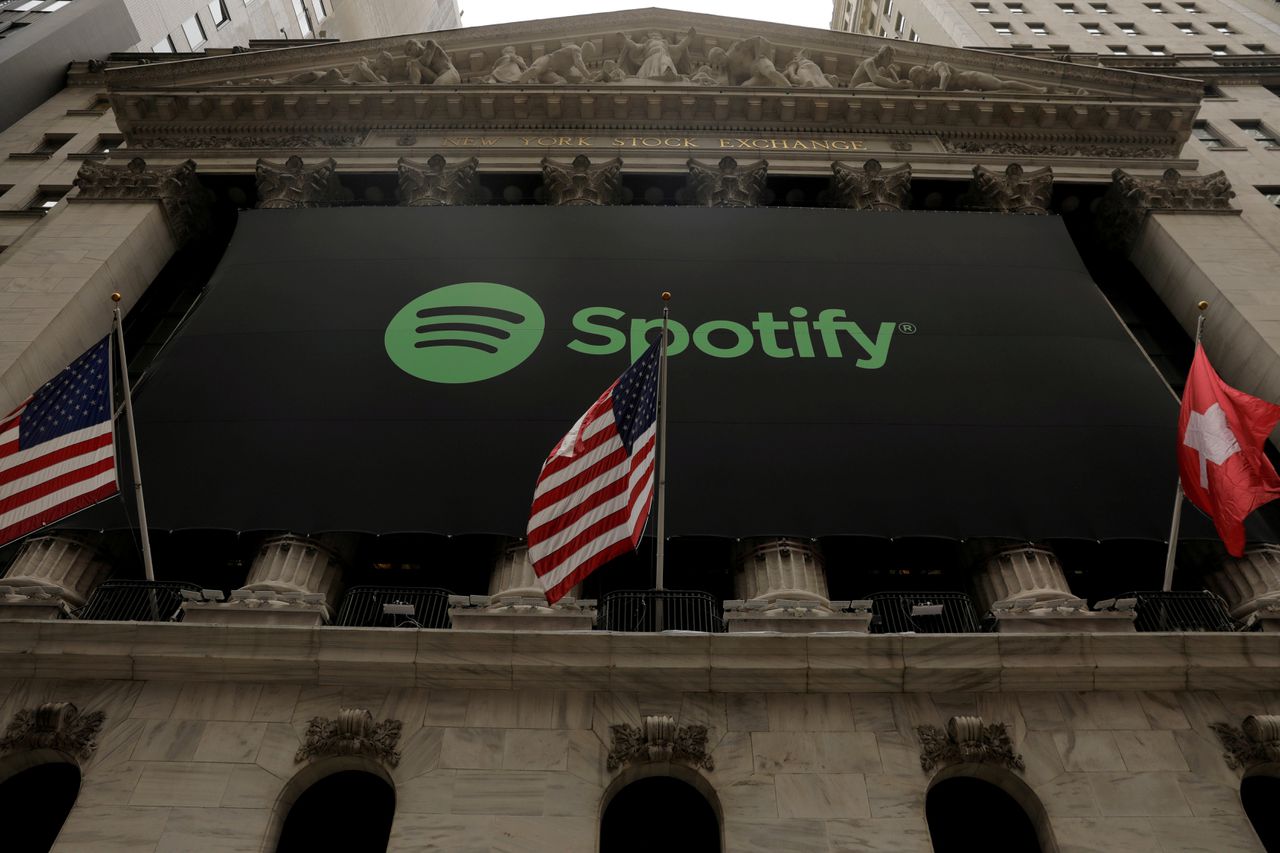 Het logo van Spotify in New York.