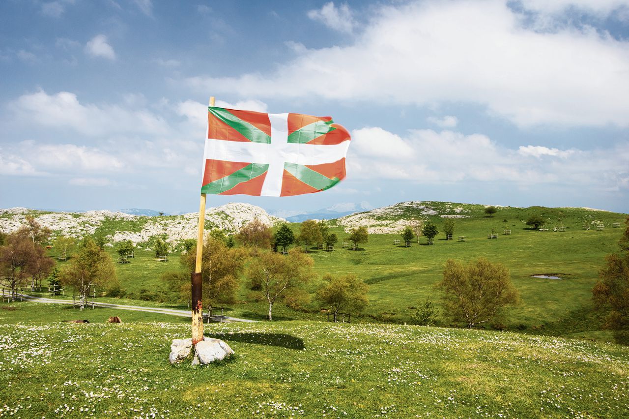 De officiële vlag van Baskenland in het Gorbea Natuurpark in Spanje.