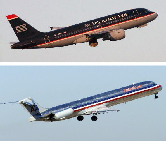 epa03583091 (FILE) A composite file photo showing passenger jets of US Airways (top) at LaGuardia Airport in New York City, dated 10 October 2006, and American Airlines (bottom) at Dallas Fort Worth International Airport in Dallas, Texas, USA, dated 29 November 2011. The boards of American Airlines' parent corporation and US Airways Group have voted separately to approve a merger that will create the world's largest airline, according to The Wall Street Journal late 13 February 2013. The deal is to be officially announced 14 February 2013 in the US, and documents with the details are to be filed with the US Bankruptcy Court in New York the same day, the Journal reported, quoting people familiar with the merger. American Airlines declared bankruptcy in November 2011, and has continued operating under Chapter 11 bankruptcy, which grants companies protection from creditors while they reorganize their debt. EPA/MATT CAMPBELL / LARRY W. SMITH