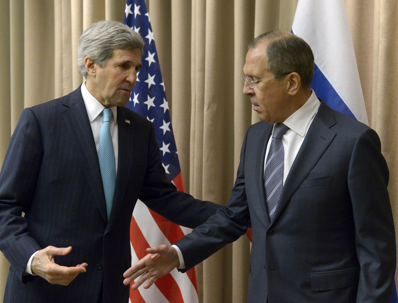 John Kerry (VS) en Sergej Lavrov (Rusland) in Genève vandaag.