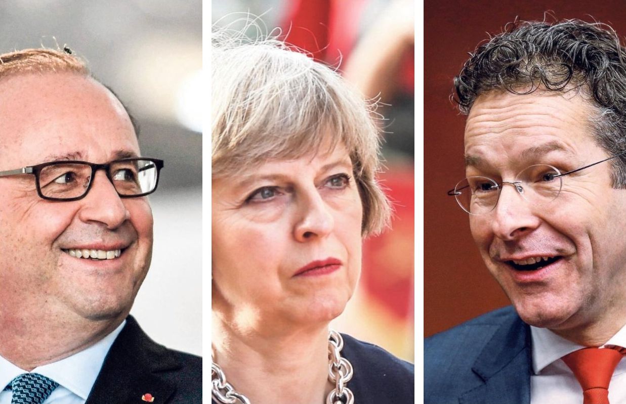 Van links naar rechts: de Franse president François Hollande, de Britse premier Theresa May en minister van Financiën Jeroen Dijsselbloem (PvdA).
