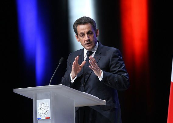 French President Nicolas Sarkozy delivers his speech, in Toulon, southern France, Thursday, Dec. 1, 2011. Sarkozy laid out economic strategies in what's slated as a major policy speech before April presidential elections and before next week's EU summit. (AP Photo/Claude Paris)