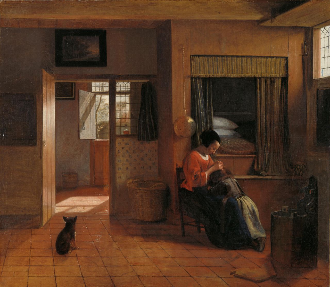 Pieter de Hooch, Binnenkamer met een moeder die het haar van haar kind reinigt, circa 1658-1660