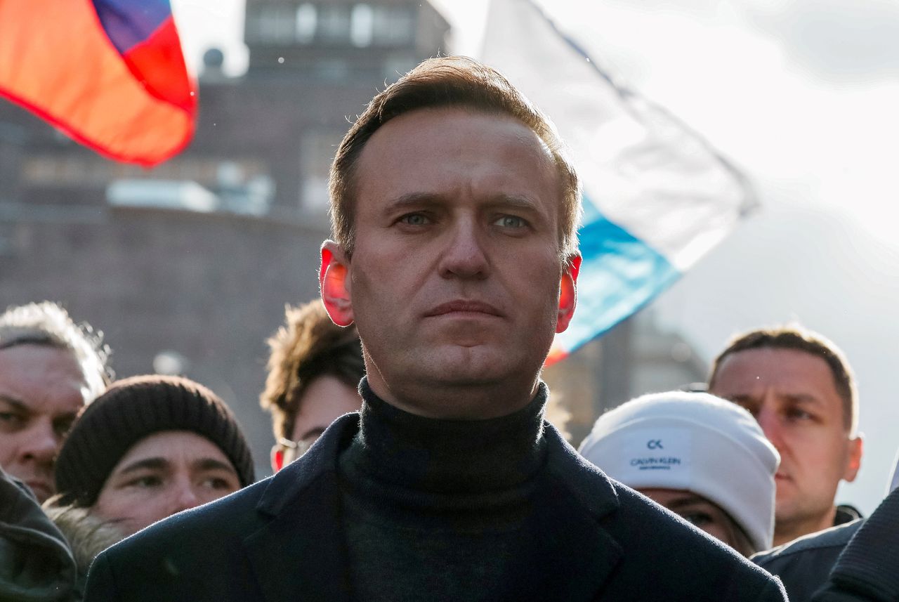 De Russische oppositieleider Navalny neemt deel aan een protest tegen het Kremlin, op 29 februari 2020.