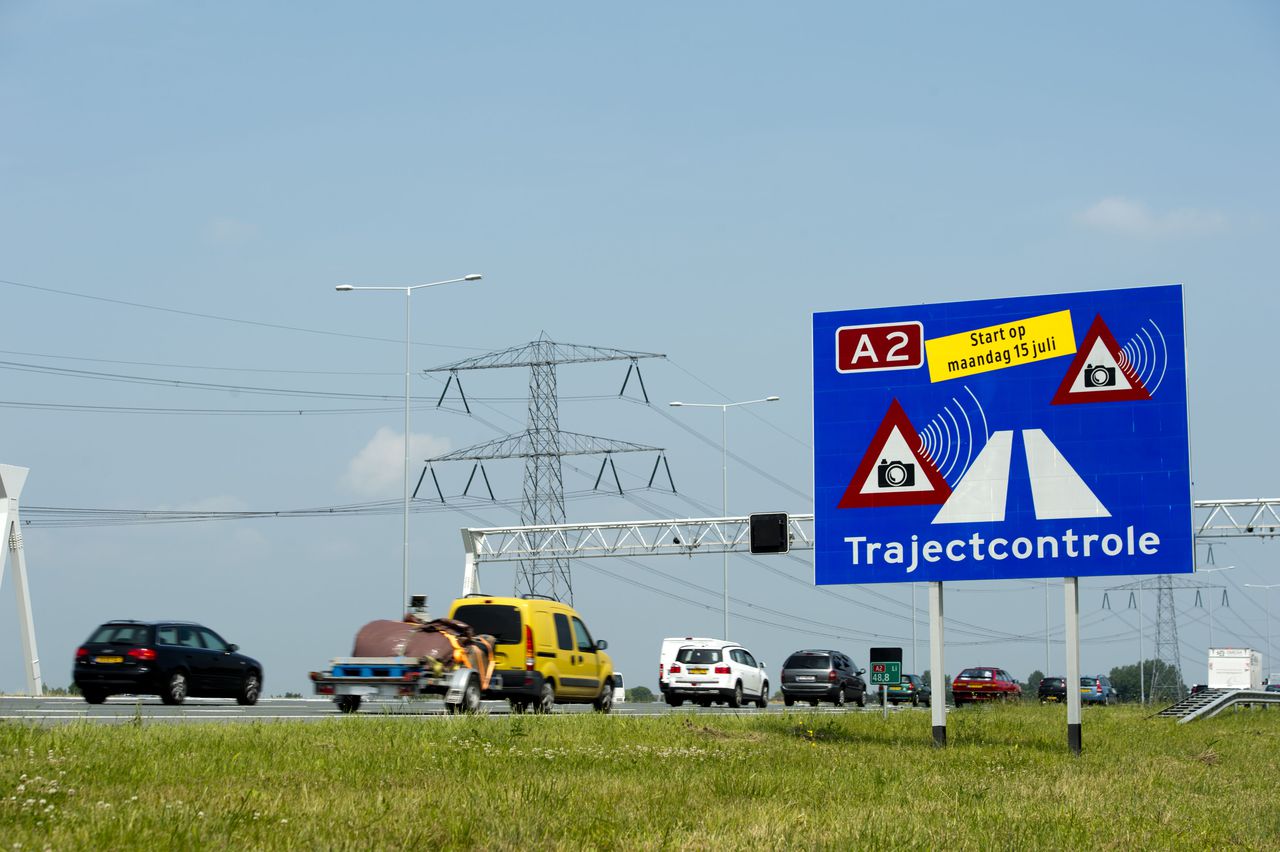 Borden langs de A2 geven de trajectcontrole tussen Utrecht en Amsterdam aan. De controle op de A2 staat wel gewoon aan.