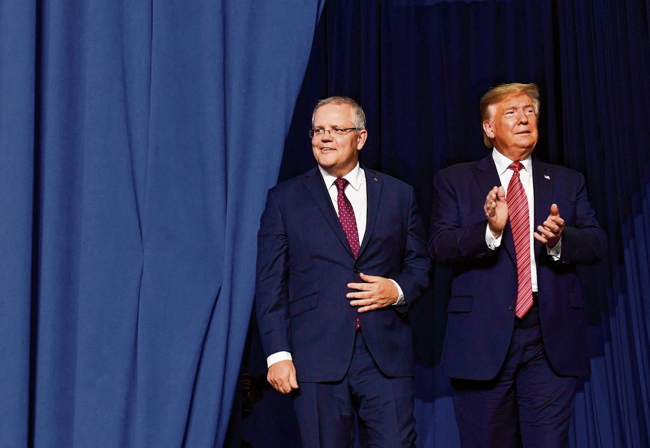 De Australische premier Scott Morrison, eerder dit jaar in de VS tijdens een ontmoeting met Donald Trump.