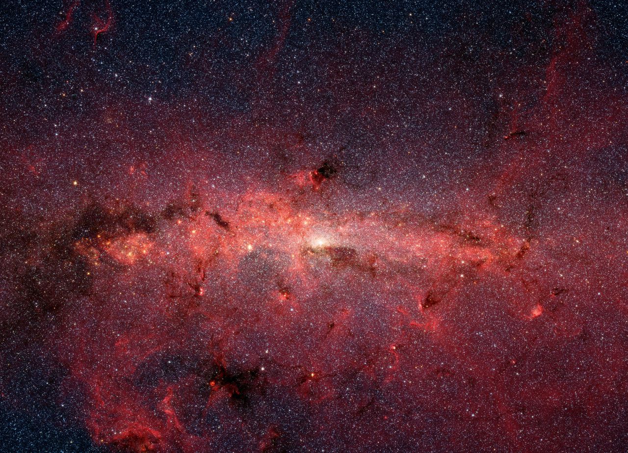 Infraroodfoto van de kern van de Melkweg, genomen met de Spitzer Space Telescope.