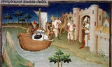Marco Polo komt aan in Hormuz, geïllustreerd manuscript van Mazarine-meester 1410-1412.+