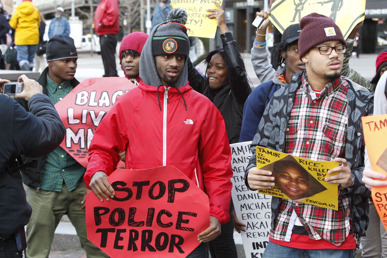 Demonstranten in Ohio, na de dood van de 12-jarige Tamir Rice.
