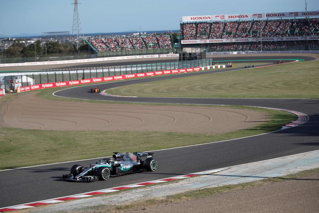 Lewis Hamilton bij de race op circuit Suzuka in Japan in 2018.