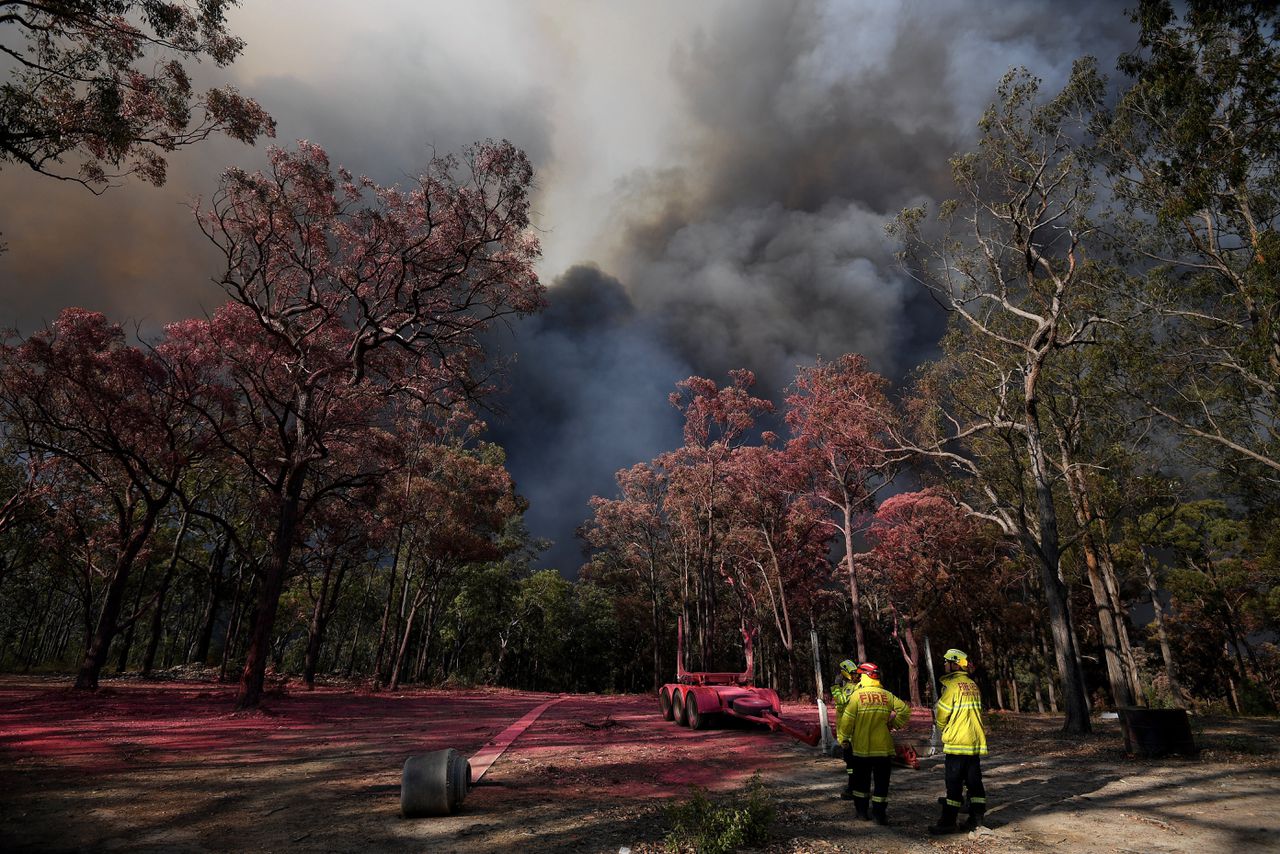 Brandblussers vanuit de lucht, vrijdag bij Colo Heights in New South Wales.