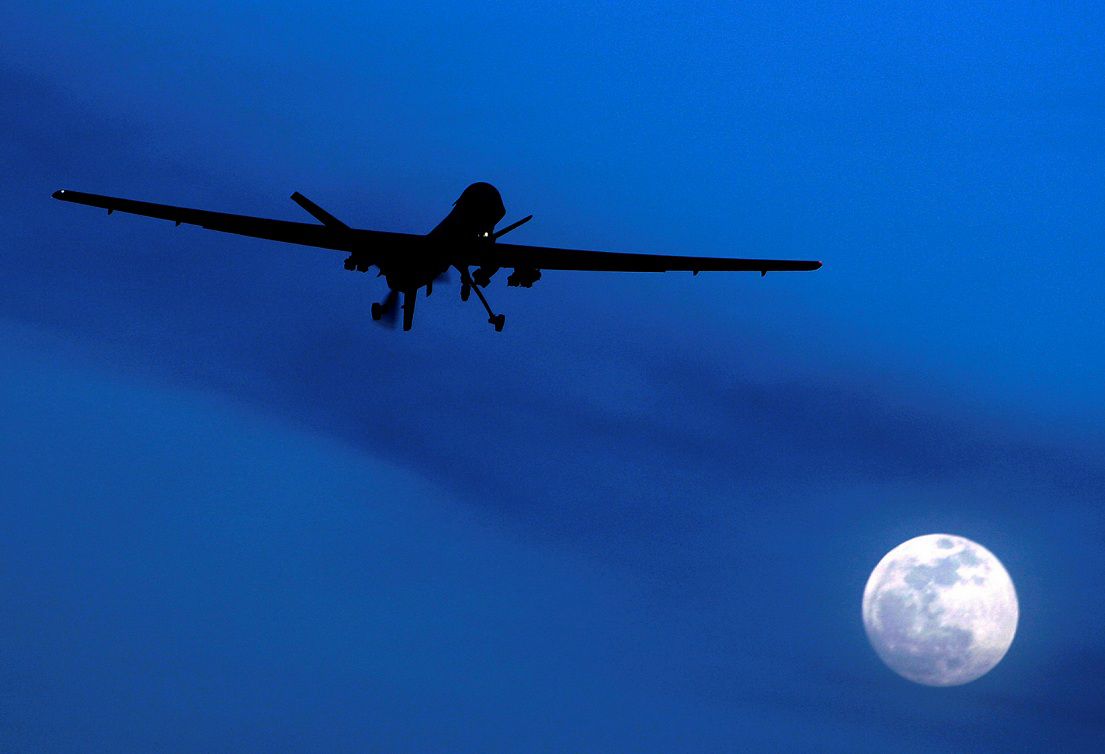 Een Amerikaanse drone vliegt boven Kandahar in het zuiden van Afghanistan.