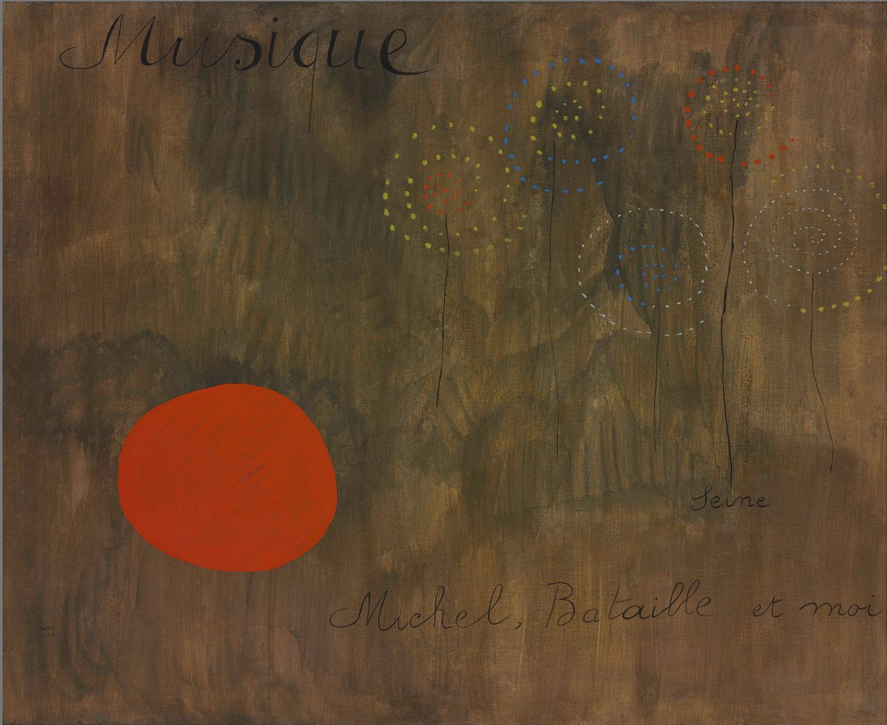 Het schilderij ‘Peinture-poème (Musique, Seine, Michel, Bataille et moi)’ uit 1927 van de Spaanse schilder Joan Miró.