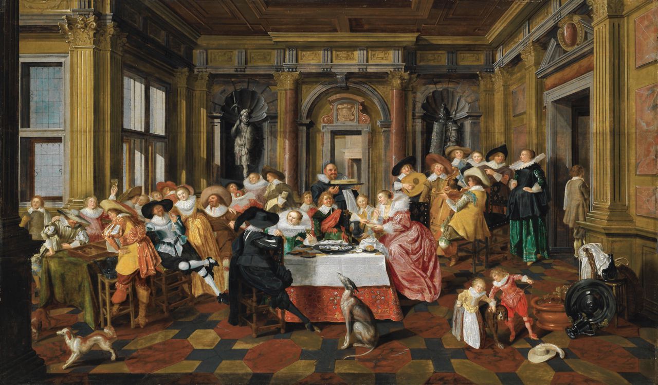 ‘Elegant gezelschap in een Hollandse Renaissancezaal’ (1628) door Dirck Hals en Dirck van Delen (olieverf op paneel 92,5 x 157 cm). Aangekocht door het Frans Hals Museum in Haarlem. Vereniging Rembrandt droeg 394.730 euro van de aankoopsom van 868.725 euro bij.