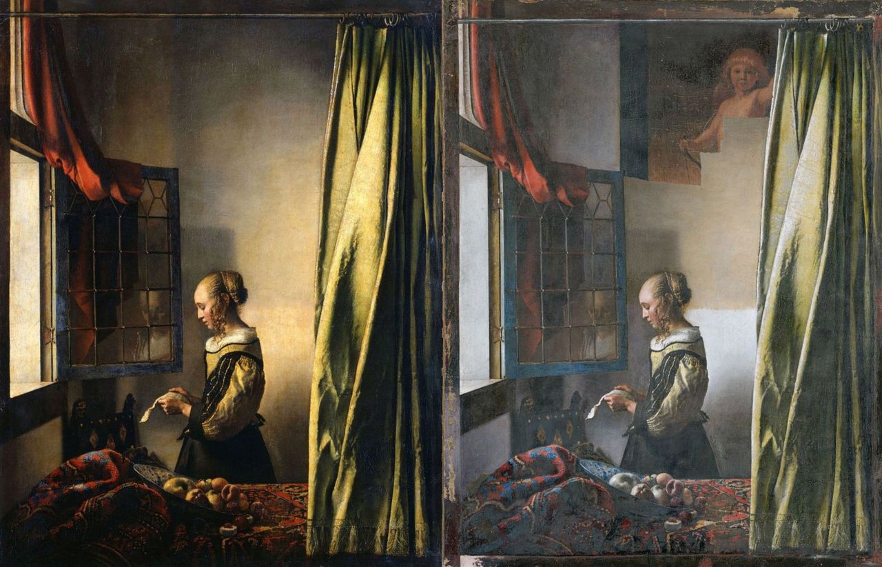 Links: Vóór de restauratie van Johannes Vermeer, Brieflezend meisje bij het venster, circa 1657 Rechts: Halverwege de restauratie.