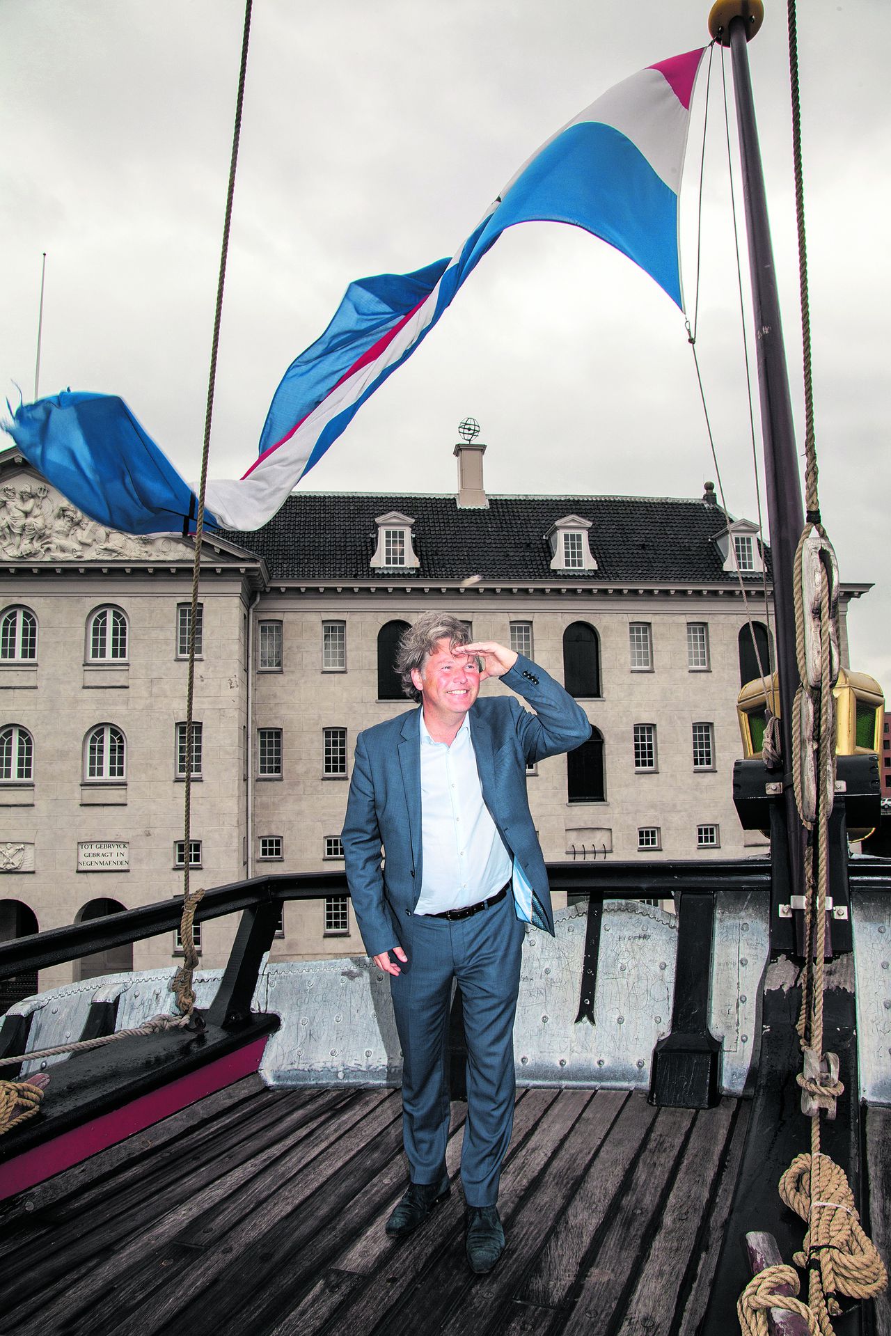 Michael Huijser aan boord van de kopie van VOC-schip De AmsterdamFoto Anais Lopez