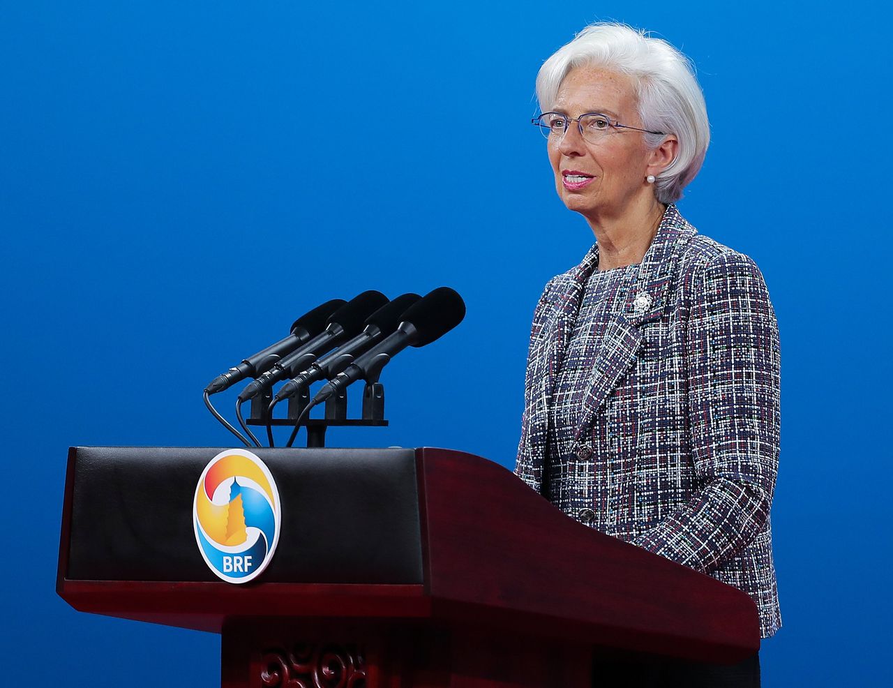 IMF-directeur Christine Lagarde tijdens in toespraak in China in mei.