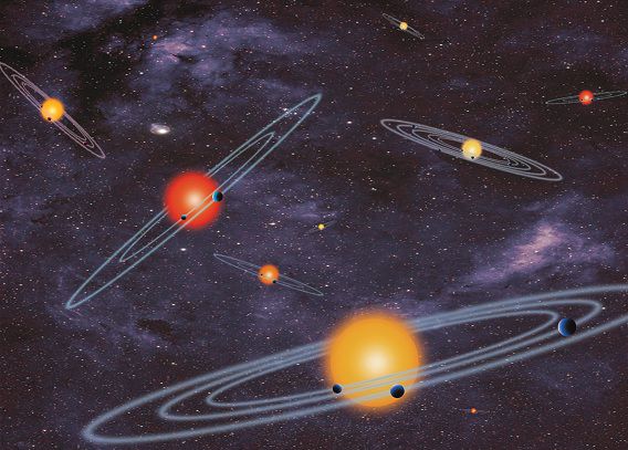 Beeldmateriaal van de NASA met daarop een zonnestelsel met meerdere planeten.