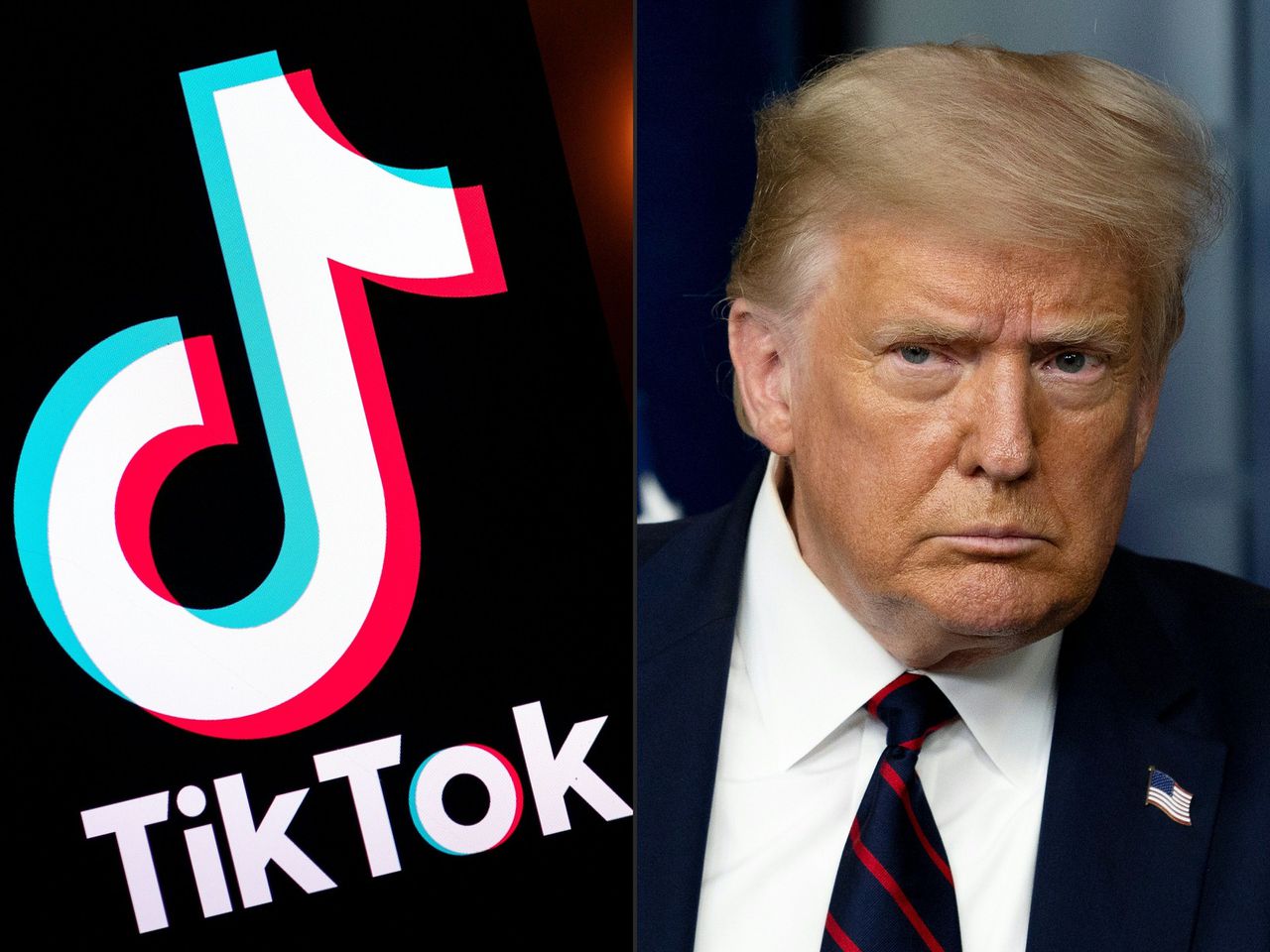 Combinatiefoto van het logo van videodienst TikTok op een digitaal scherm in Parijs en de Amerikaanse president Donald Trump op 30 juli in het Witte Huis in Washington.