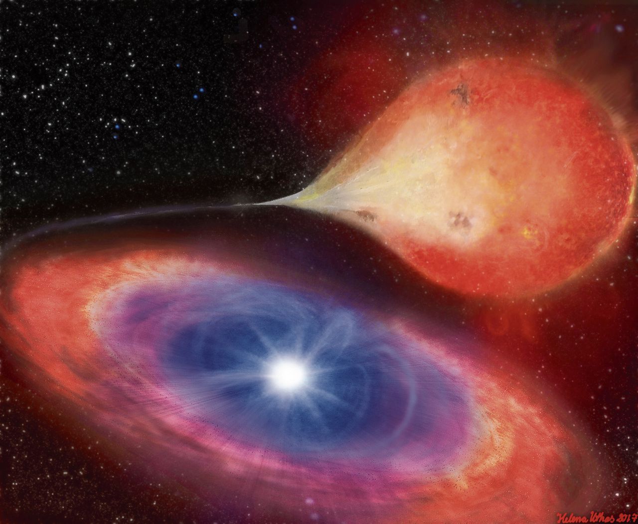 Impressie van een witte dwerg die gas onttrekt aan een gekoppelde ster.