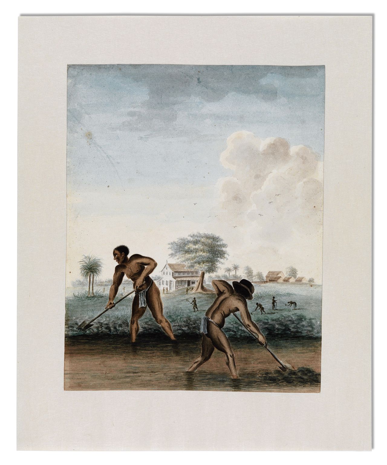 Een aquarel van twee tot slaaf gemaakte mannen werken op het land. Ze graven een afwateringskanaal op een Surinaamse plantage.
