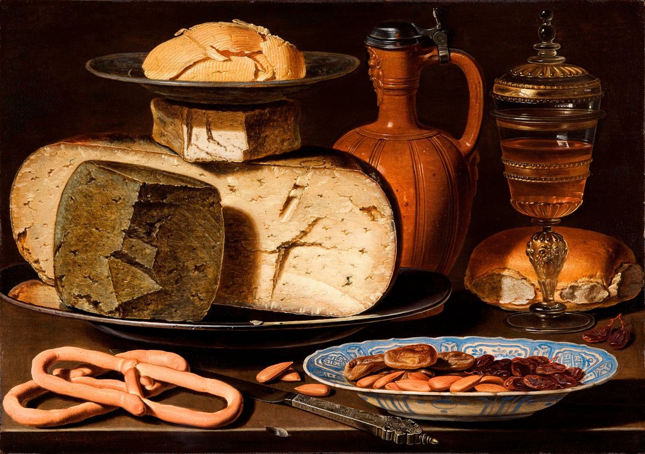 Clara Peeters, Stilleven met kazen, brood en drinkgerei, ca.1615. Uit de collectie van het Mauritshuis, Den Haag.
