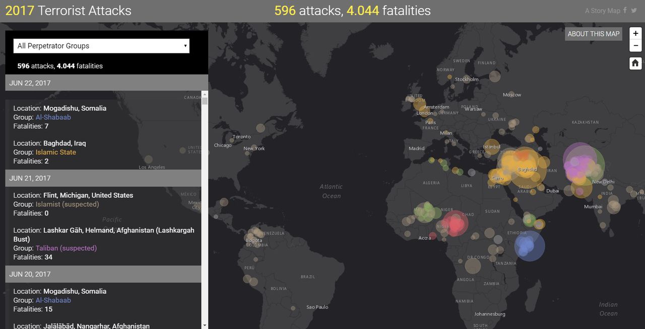 Een screenshot van de '2017 Terrorist Attacks'-kaart.