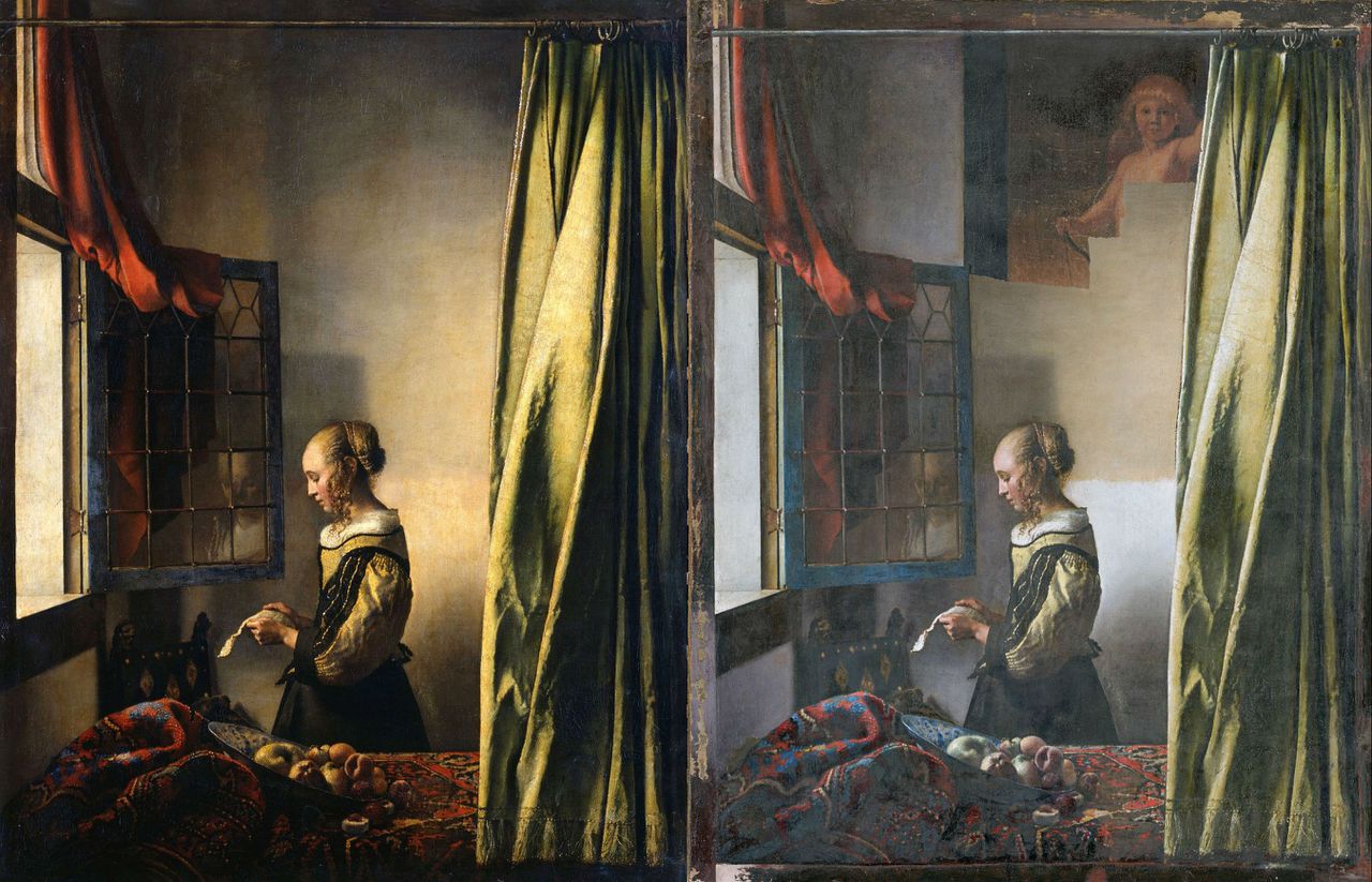 Links: Vóór de restauratie van Johannes Vermeer, Brieflezend meisje bij het venster, circa 1657 Rechts: Halverwege de restauratie.